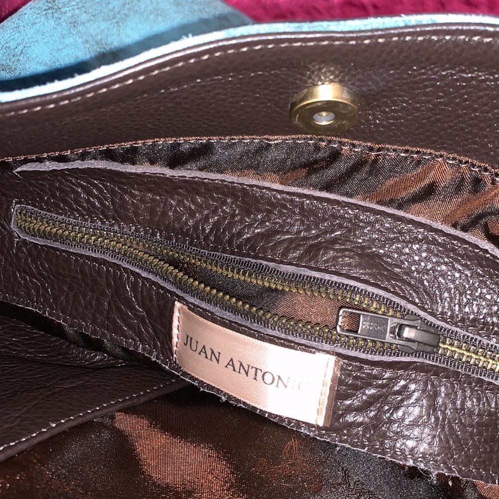 Juan Antonio Adobe Turquoise Blue Brown Leather Nubuck Weekend Boho Western Tote - Picture 2 of 16
